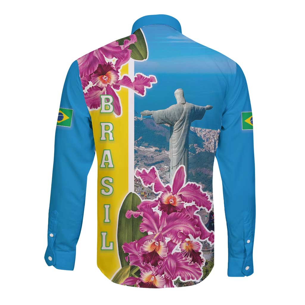 Brazil Cattleya Labiata Long Sleeve Button Shirt Christ The Redeemer And Flag Color Style - Wonder Print Shop