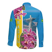 Brazil Cattleya Labiata Long Sleeve Button Shirt Christ The Redeemer And Flag Color Style - Wonder Print Shop