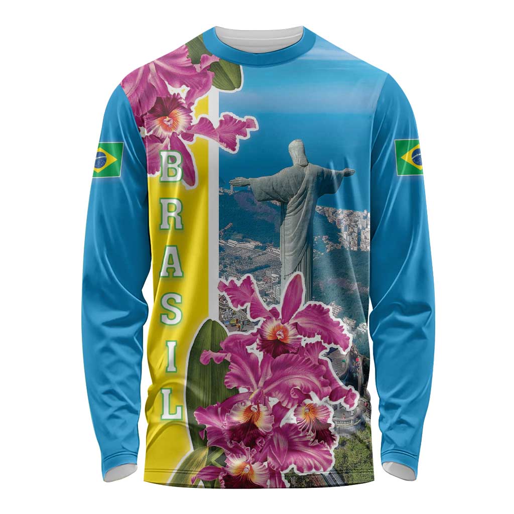 Brazil Cattleya Labiata Long Sleeve Shirt Christ The Redeemer And Flag Color Style - Wonder Print Shop