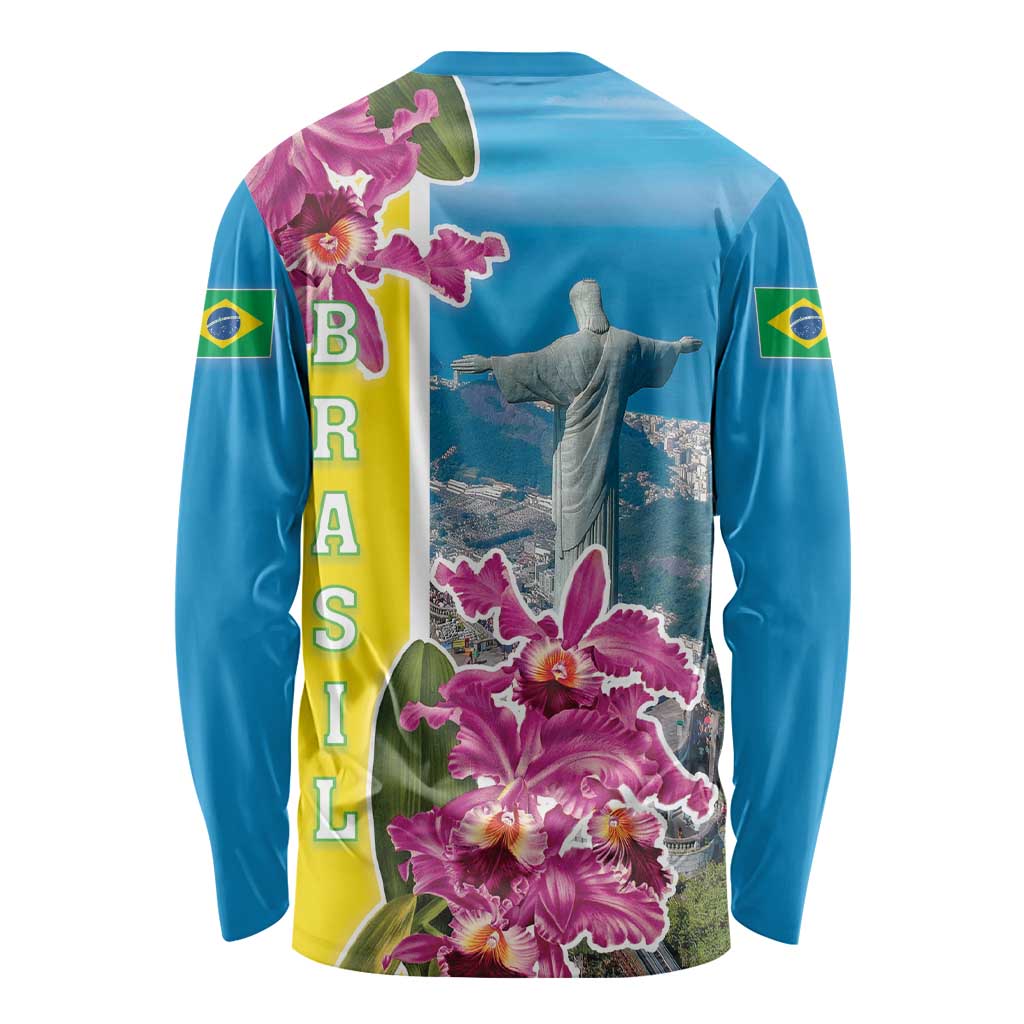 Brazil Cattleya Labiata Long Sleeve Shirt Christ The Redeemer And Flag Color Style - Wonder Print Shop