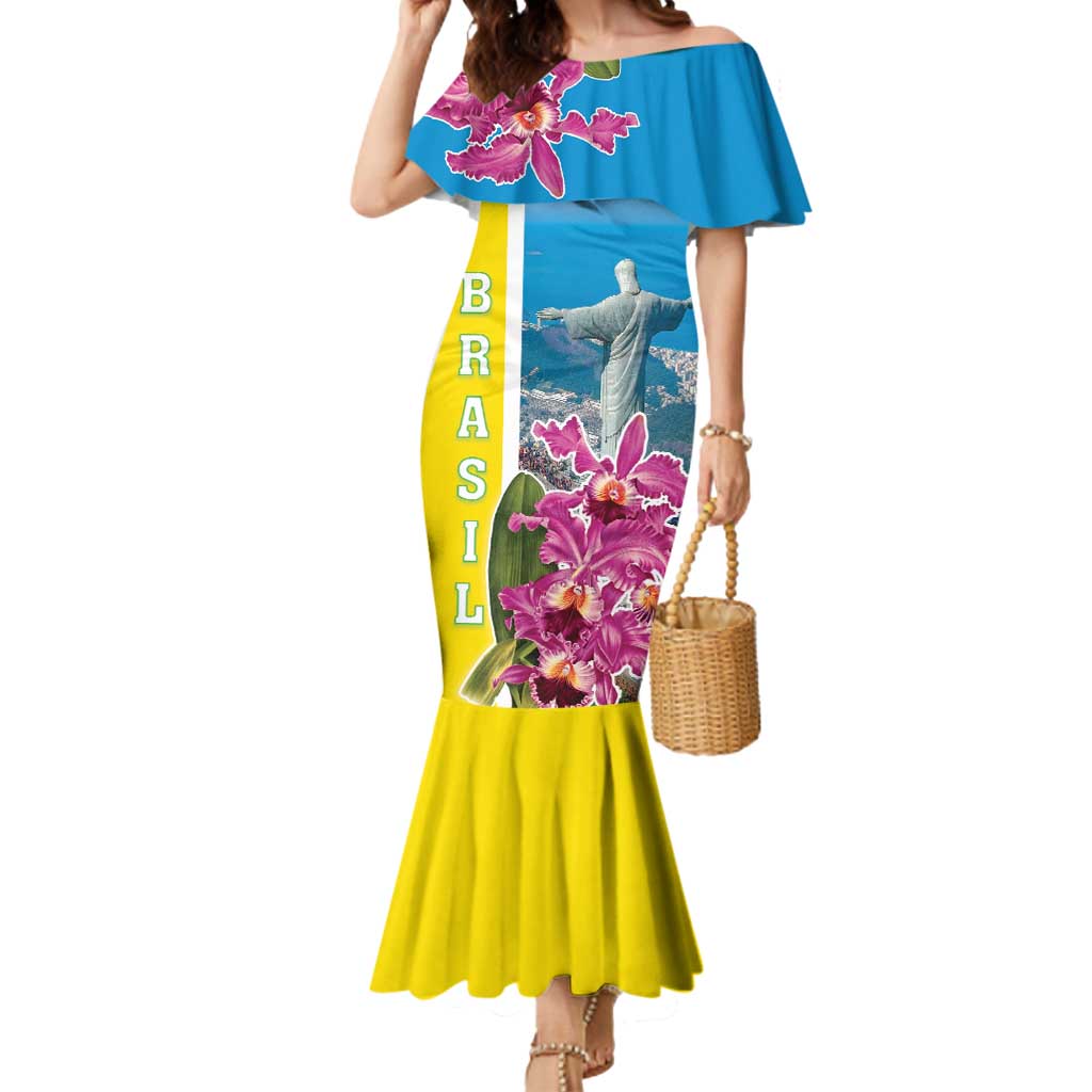 Brazil Cattleya Labiata Mermaid Dress Christ The Redeemer And Flag Color Style - Wonder Print Shop