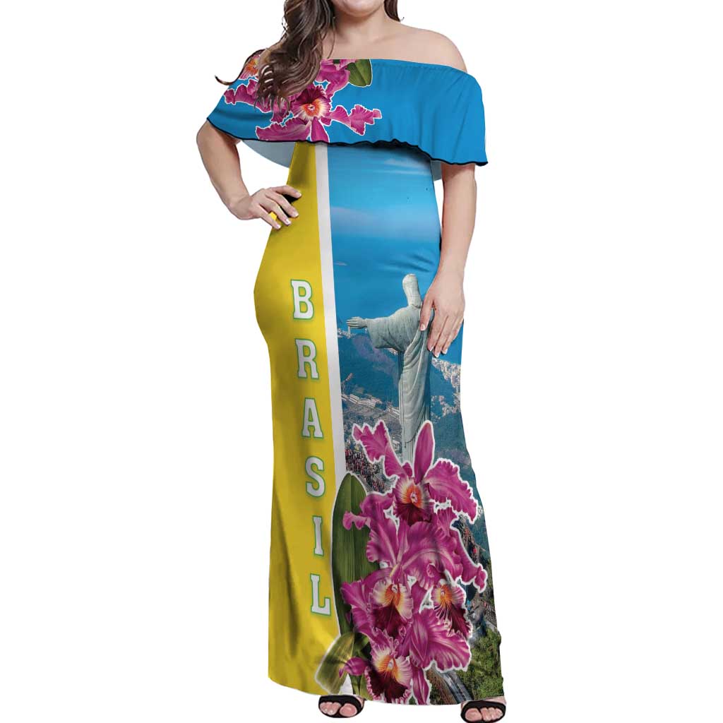 Brazil Cattleya Labiata Off Shoulder Maxi Dress Christ The Redeemer And Flag Color Style - Wonder Print Shop