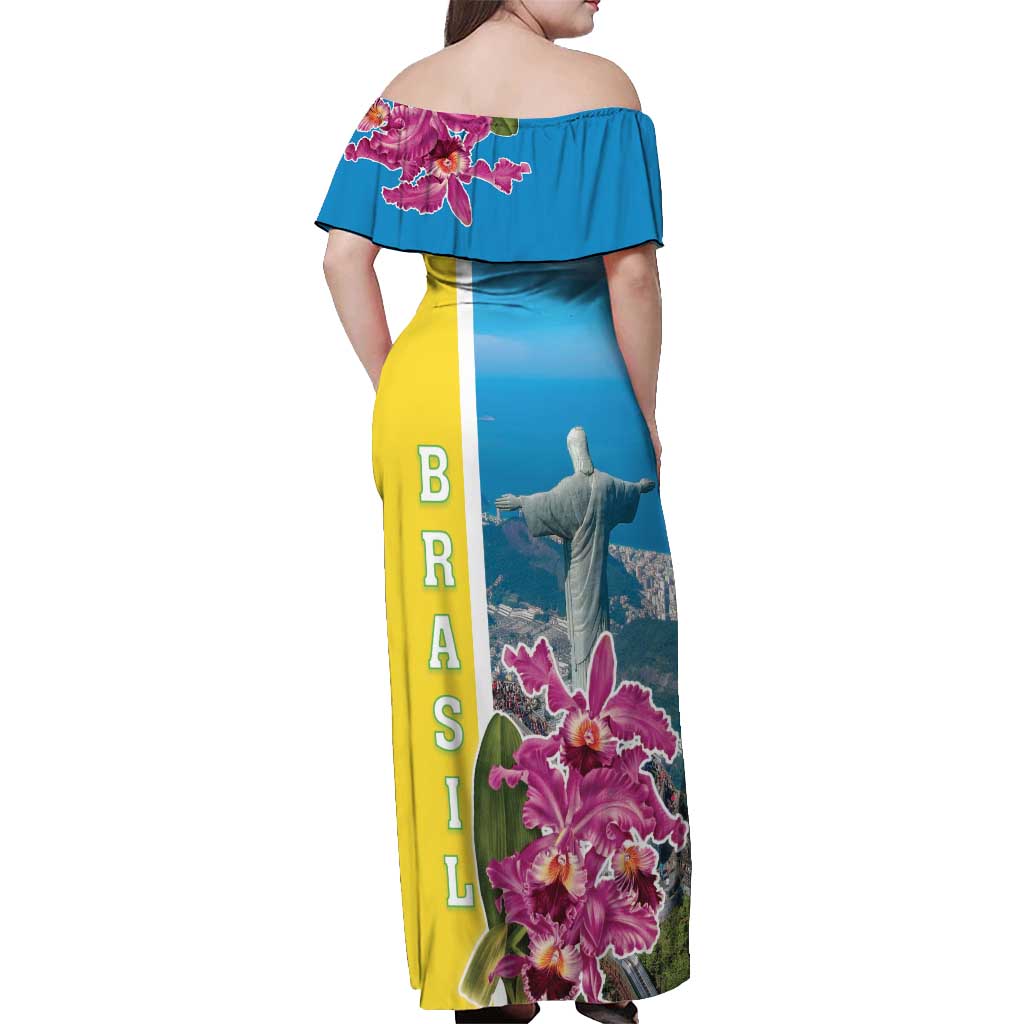Brazil Cattleya Labiata Off Shoulder Maxi Dress Christ The Redeemer And Flag Color Style - Wonder Print Shop