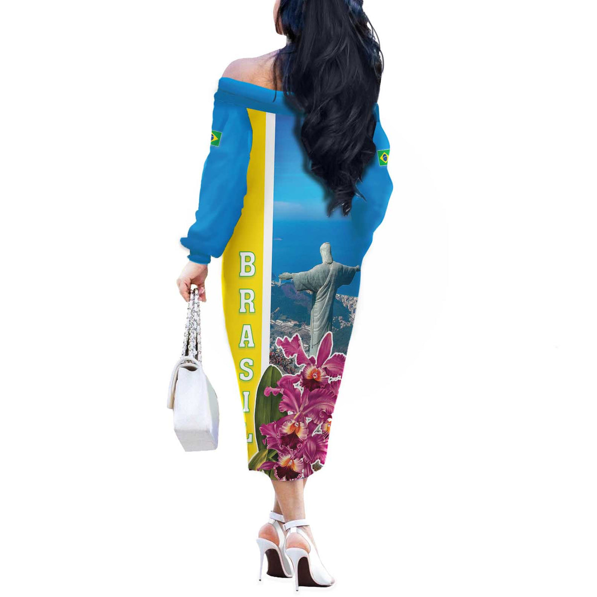 Brazil Cattleya Labiata Off The Shoulder Long Sleeve Dress Christ The Redeemer And Flag Color Style - Wonder Print Shop