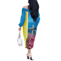 Brazil Cattleya Labiata Off The Shoulder Long Sleeve Dress Christ The Redeemer And Flag Color Style - Wonder Print Shop