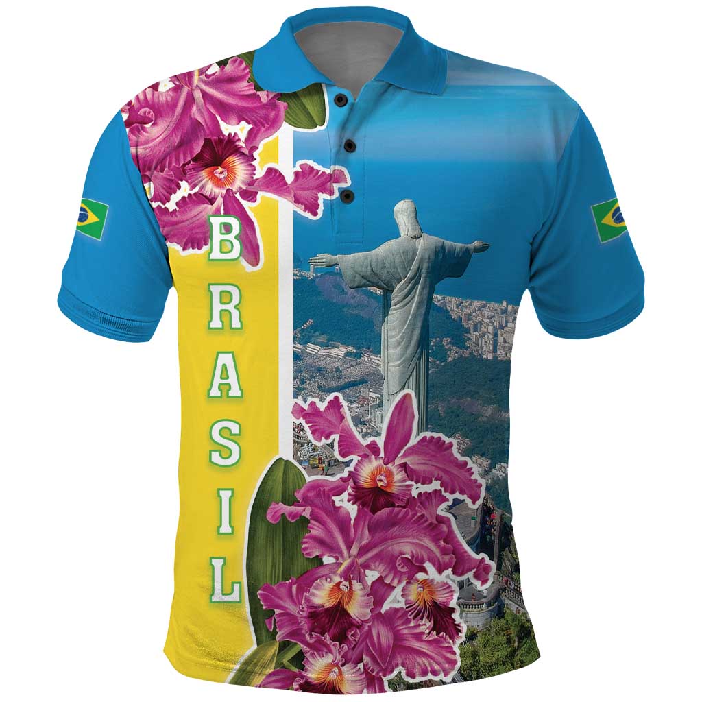 Brazil Cattleya Labiata Polo Shirt Christ The Redeemer And Flag Color Style - Wonder Print Shop