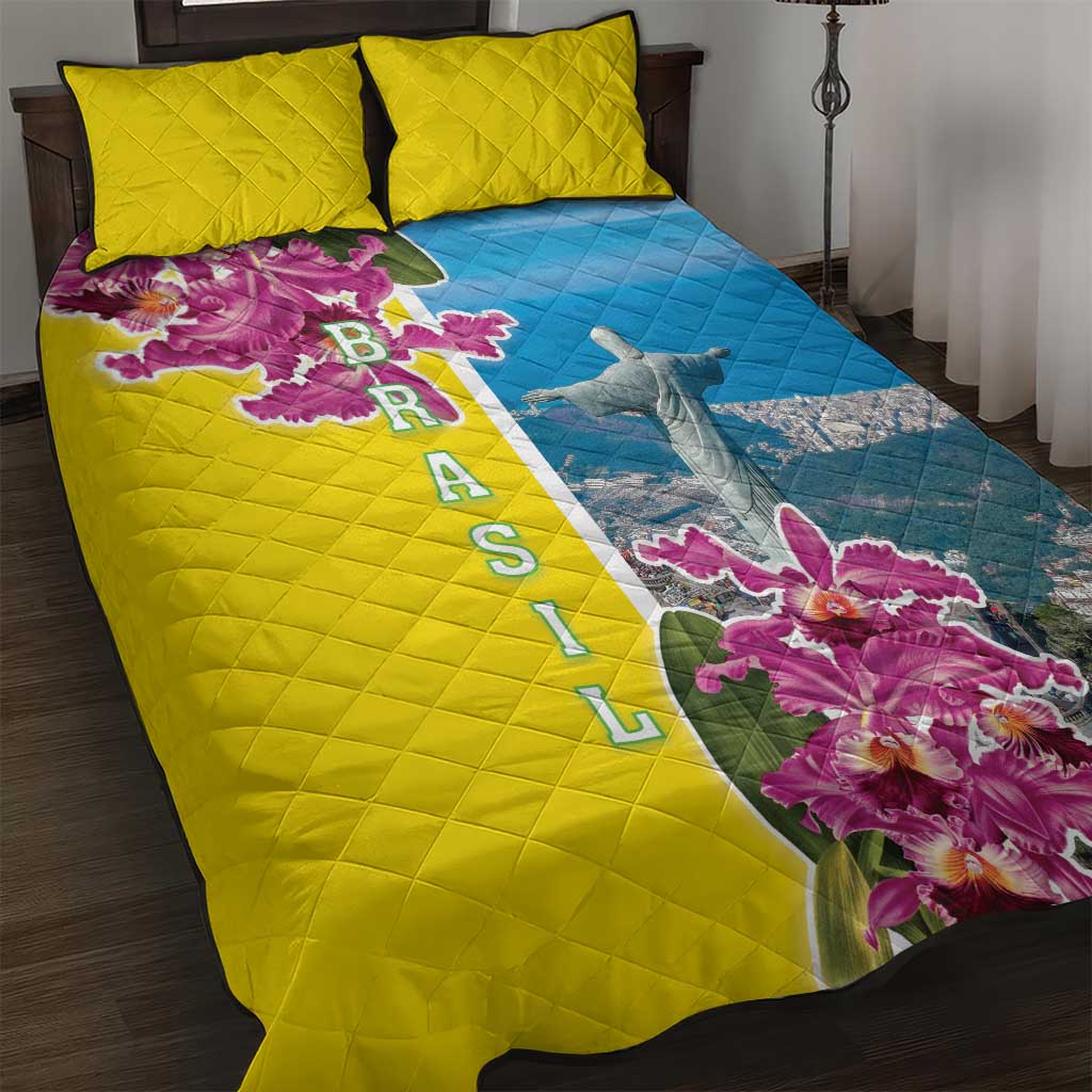Brazil Cattleya Labiata Quilt Bed Set Christ The Redeemer And Flag Color Style - Wonder Print Shop