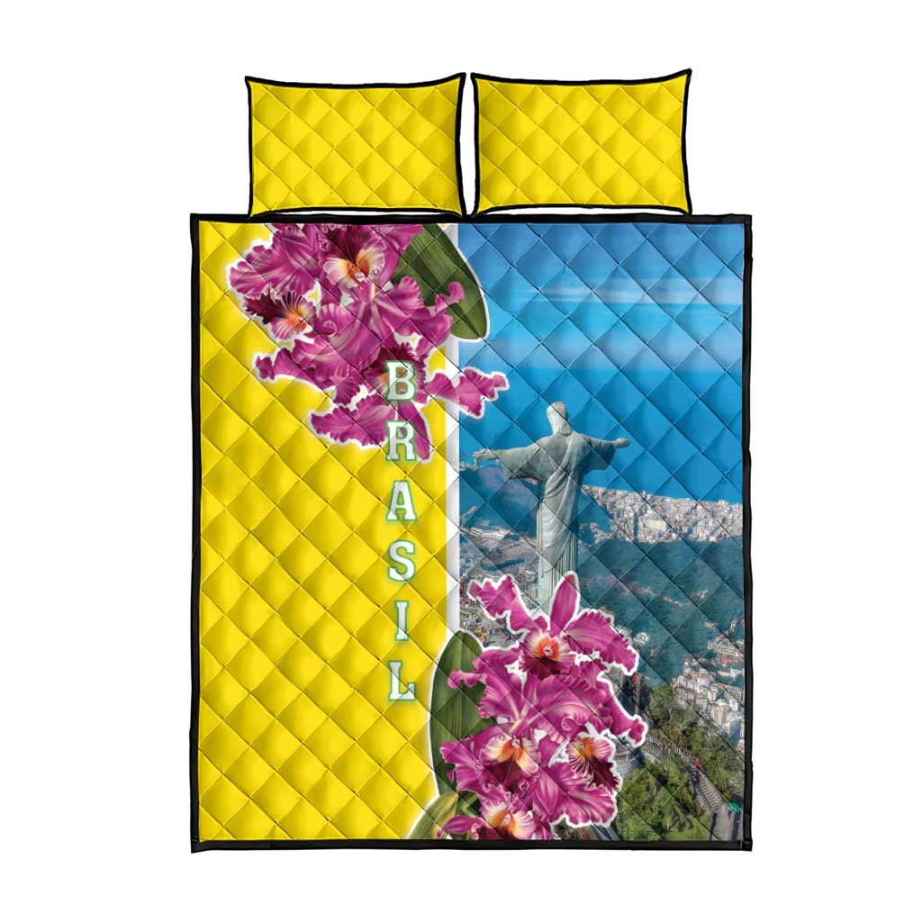 Brazil Cattleya Labiata Quilt Bed Set Christ The Redeemer And Flag Color Style - Wonder Print Shop