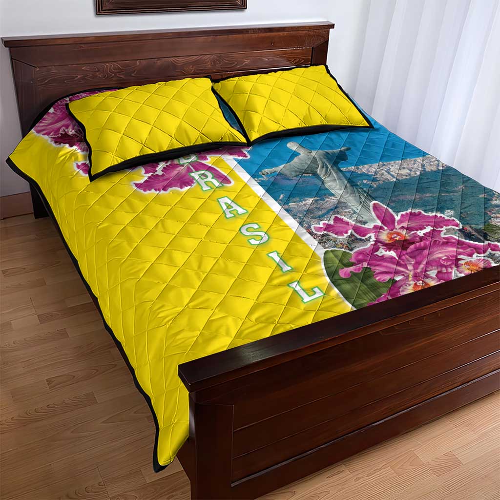 Brazil Cattleya Labiata Quilt Bed Set Christ The Redeemer And Flag Color Style - Wonder Print Shop