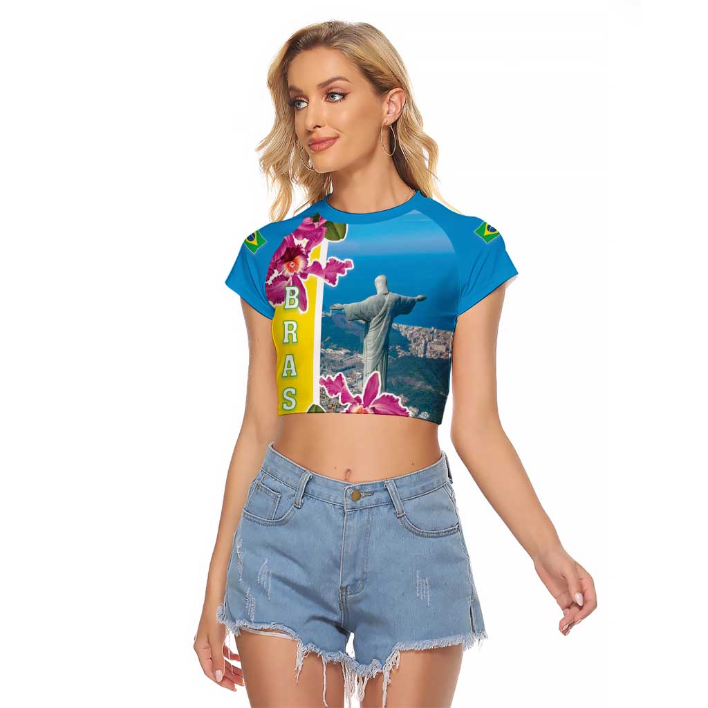 Brazil Cattleya Labiata Raglan Cropped T Shirt Christ The Redeemer And Flag Color Style - Wonder Print Shop