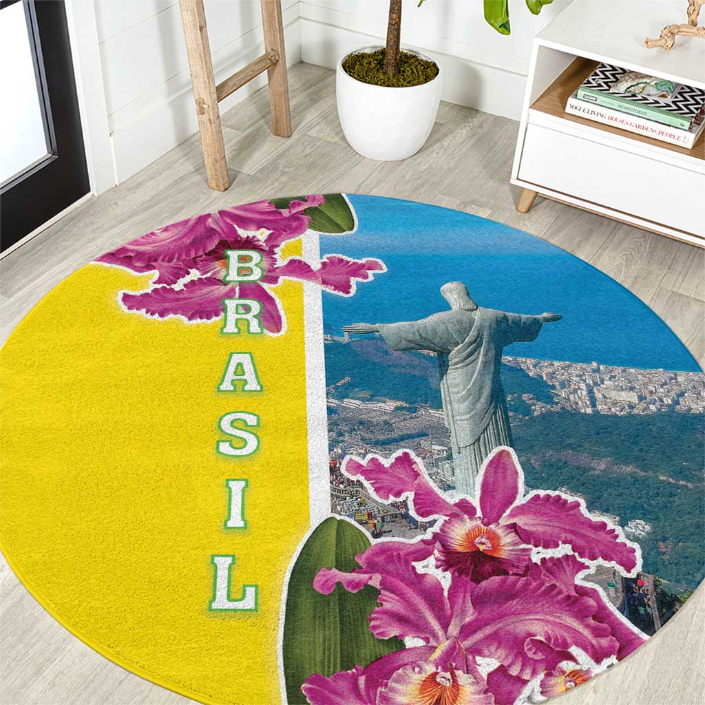 Brazil Cattleya Labiata Round Carpet Christ The Redeemer And Flag Color Style