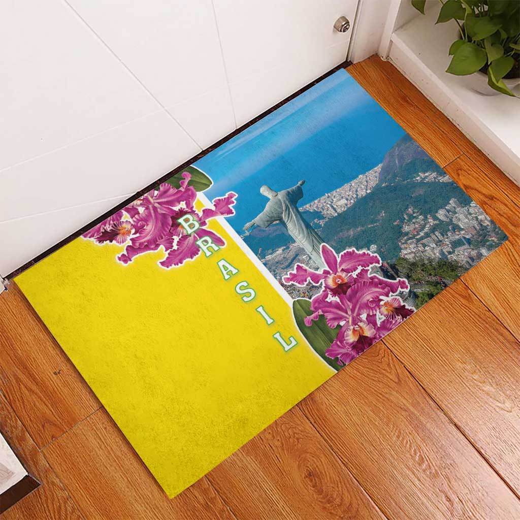 Brazil Cattleya Labiata Rubber Doormat Christ The Redeemer And Flag Color Style - Wonder Print Shop