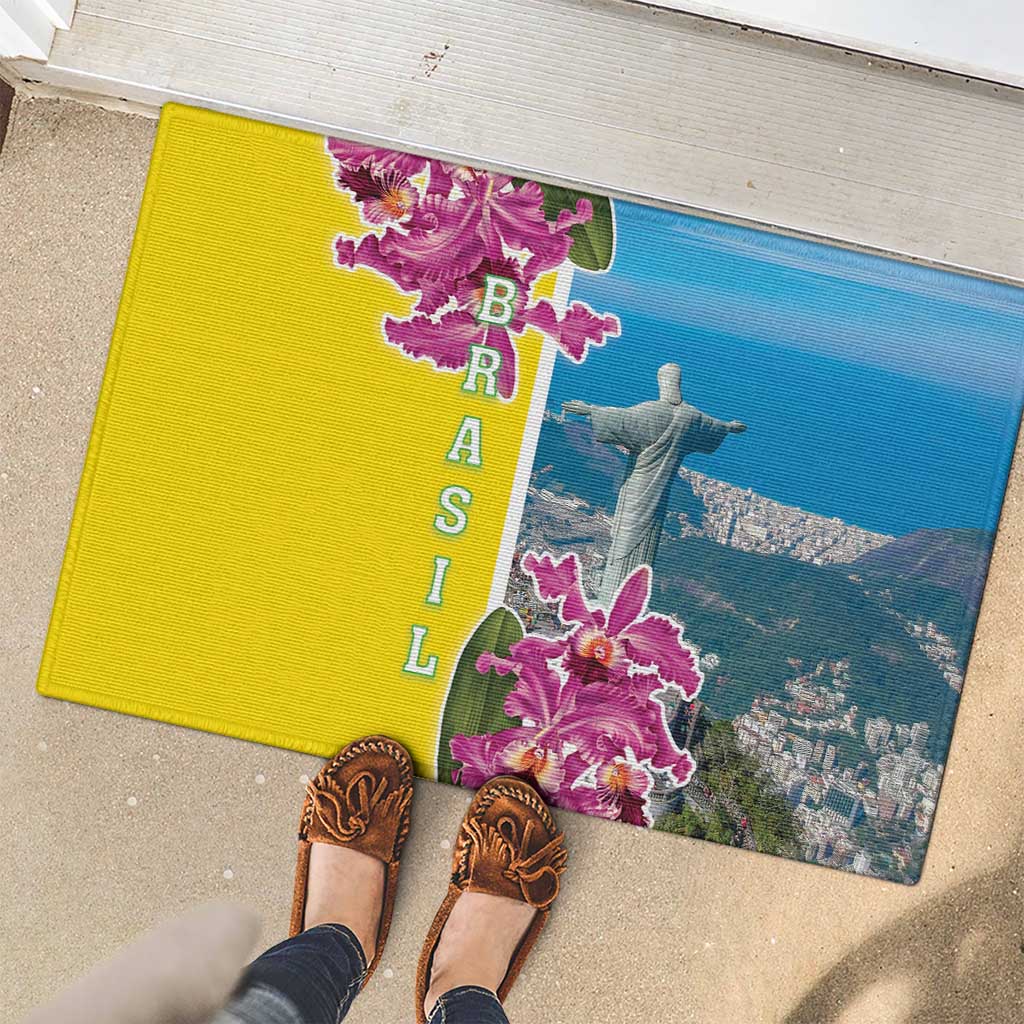 Brazil Cattleya Labiata Rubber Doormat Christ The Redeemer And Flag Color Style - Wonder Print Shop