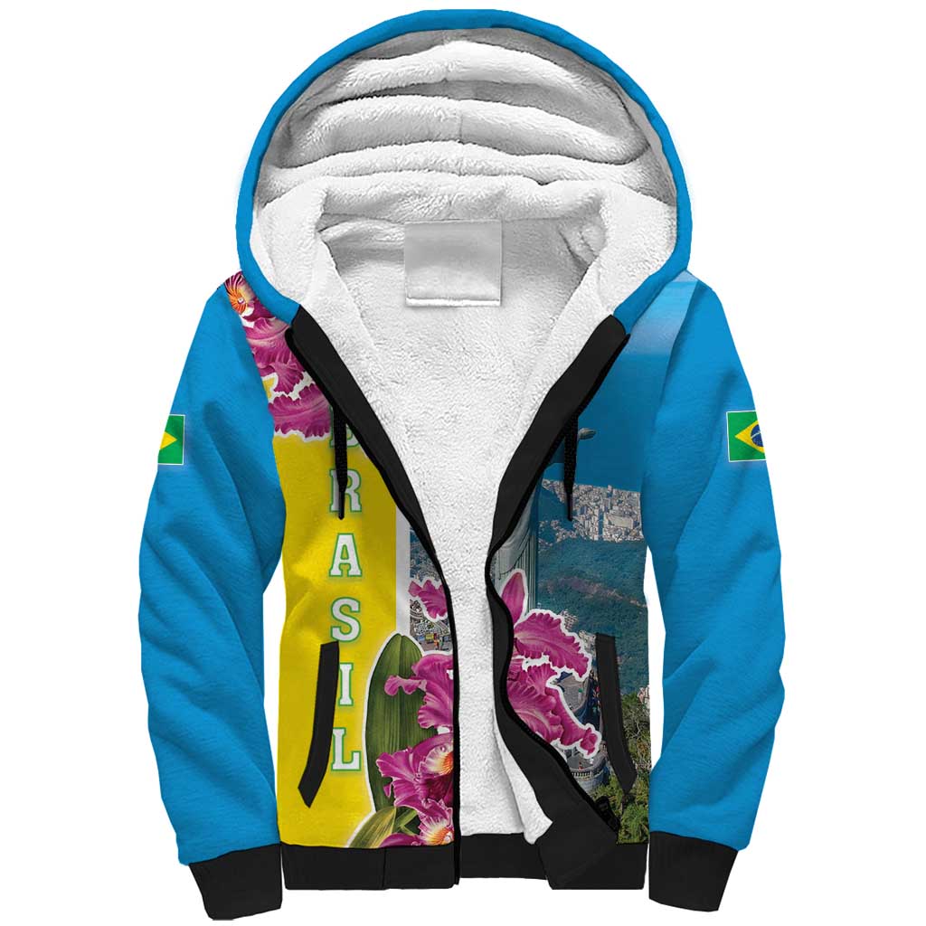 Brazil Cattleya Labiata Sherpa Hoodie Christ The Redeemer And Flag Color Style - Wonder Print Shop