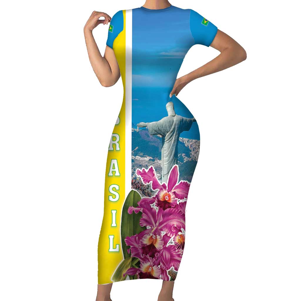 Brazil Cattleya Labiata Short Sleeve Bodycon Dress Christ The Redeemer And Flag Color Style - Wonder Print Shop
