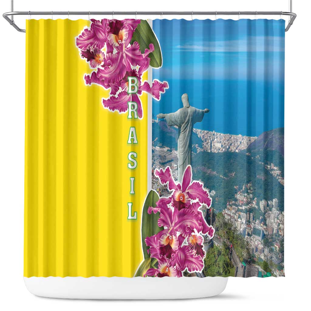 Brazil Cattleya Labiata Shower Curtain Christ The Redeemer And Flag Color Style