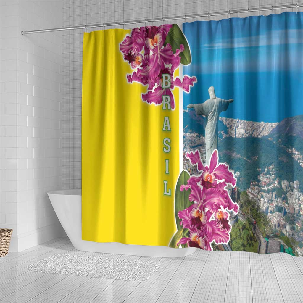 Brazil Cattleya Labiata Shower Curtain Christ The Redeemer And Flag Color Style
