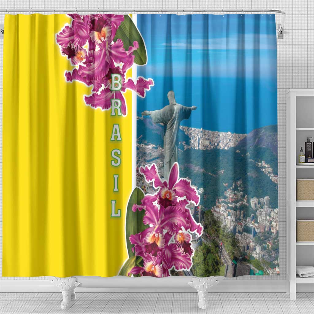 Brazil Cattleya Labiata Shower Curtain Christ The Redeemer And Flag Color Style