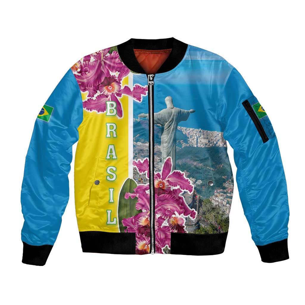 Brazil Cattleya Labiata Sleeve Zip Bomber Jacket Christ The Redeemer And Flag Color Style - Wonder Print Shop