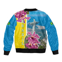 Brazil Cattleya Labiata Sleeve Zip Bomber Jacket Christ The Redeemer And Flag Color Style - Wonder Print Shop