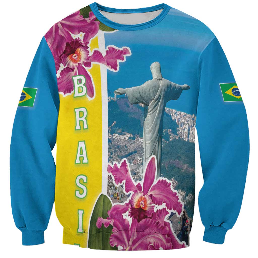 Brazil Cattleya Labiata Sweatshirt Christ The Redeemer And Flag Color Style - Wonder Print Shop