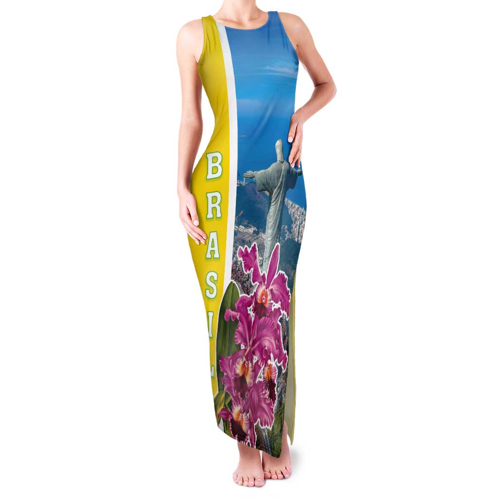 Brazil Cattleya Labiata Tank Maxi Dress Christ The Redeemer And Flag Color Style - Wonder Print Shop