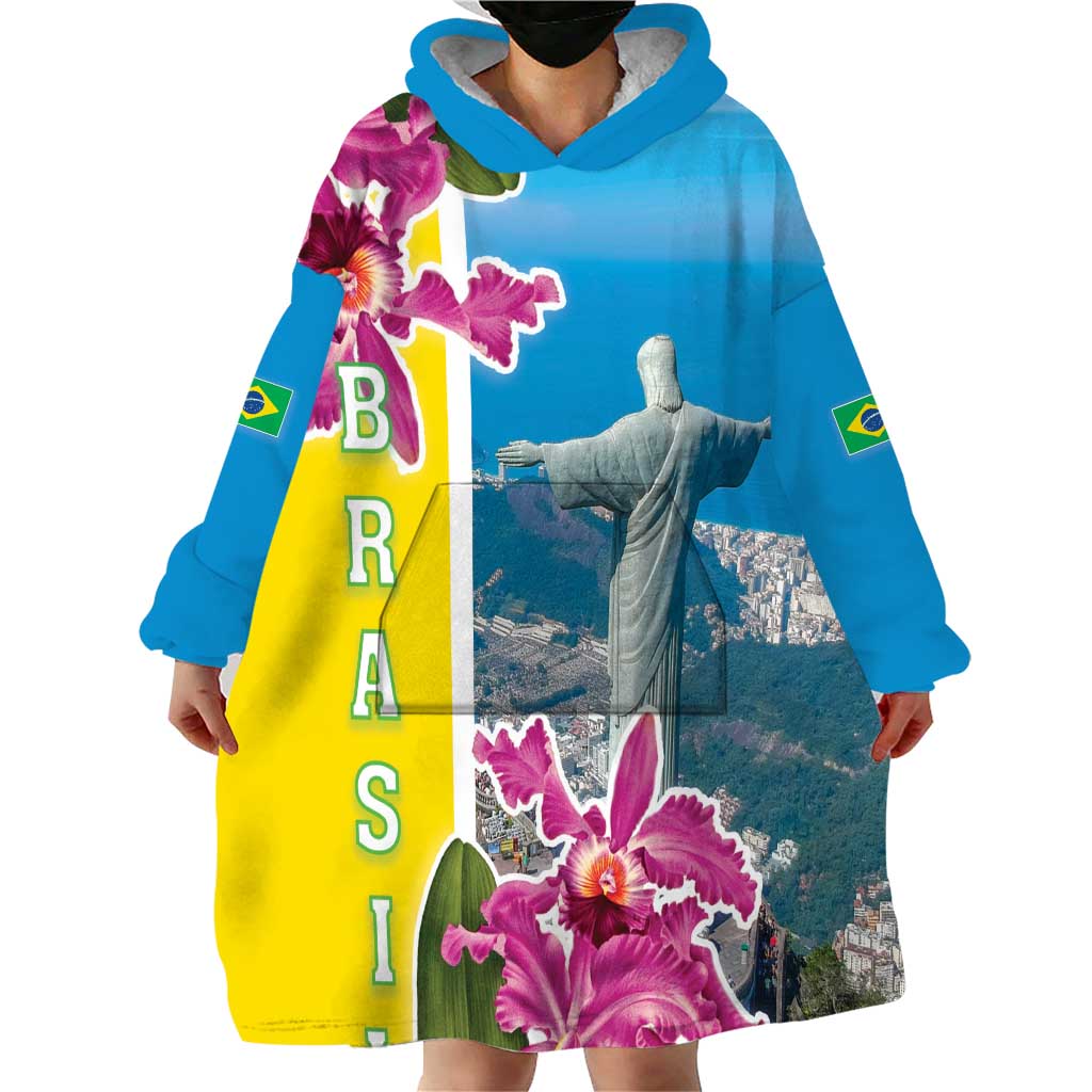 Brazil Cattleya Labiata Wearable Blanket Hoodie Christ The Redeemer And Flag Color Style - Wonder Print Shop