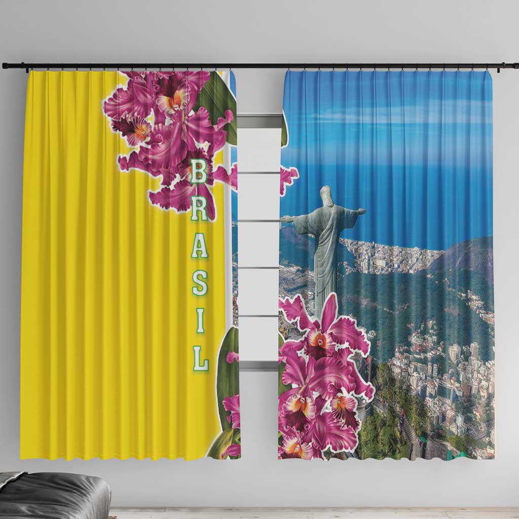 Brazil Cattleya Labiata Window Curtain Christ The Redeemer And Flag Color Style - Wonder Print Shop