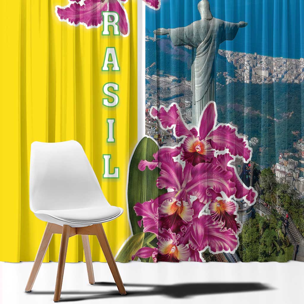 Brazil Cattleya Labiata Window Curtain Christ The Redeemer And Flag Color Style - Wonder Print Shop