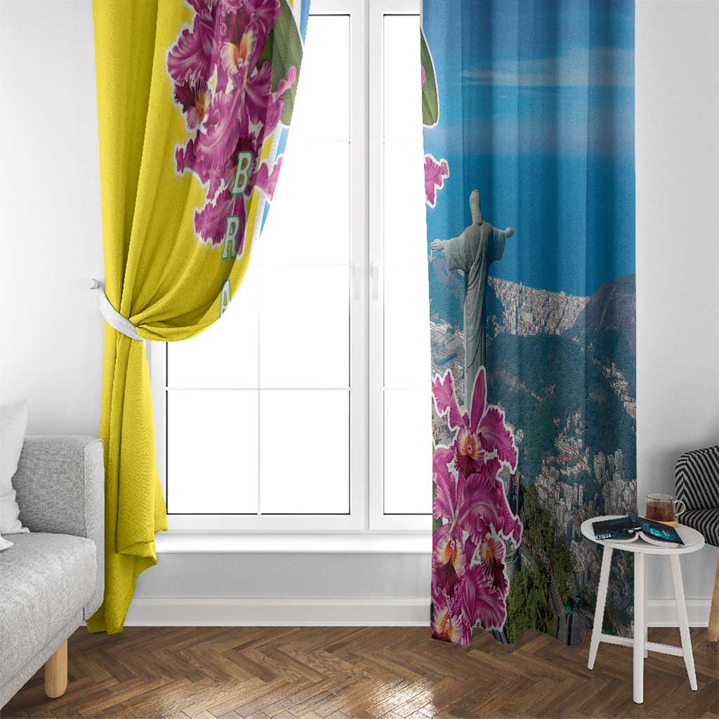 Brazil Cattleya Labiata Window Curtain Christ The Redeemer And Flag Color Style - Wonder Print Shop