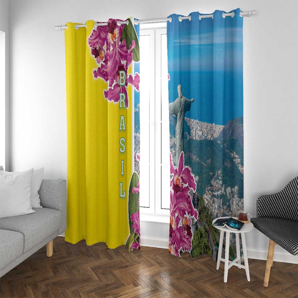 Brazil Cattleya Labiata Window Curtain Christ The Redeemer And Flag Color Style - Wonder Print Shop