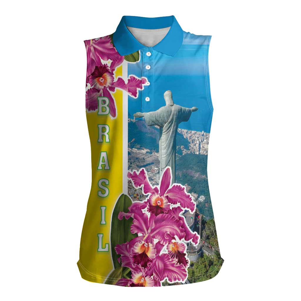 Brazil Cattleya Labiata Women Sleeveless Polo Shirt Christ The Redeemer And Flag Color Style - Wonder Print Shop