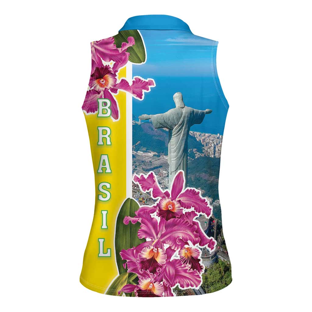 Brazil Cattleya Labiata Women Sleeveless Polo Shirt Christ The Redeemer And Flag Color Style - Wonder Print Shop