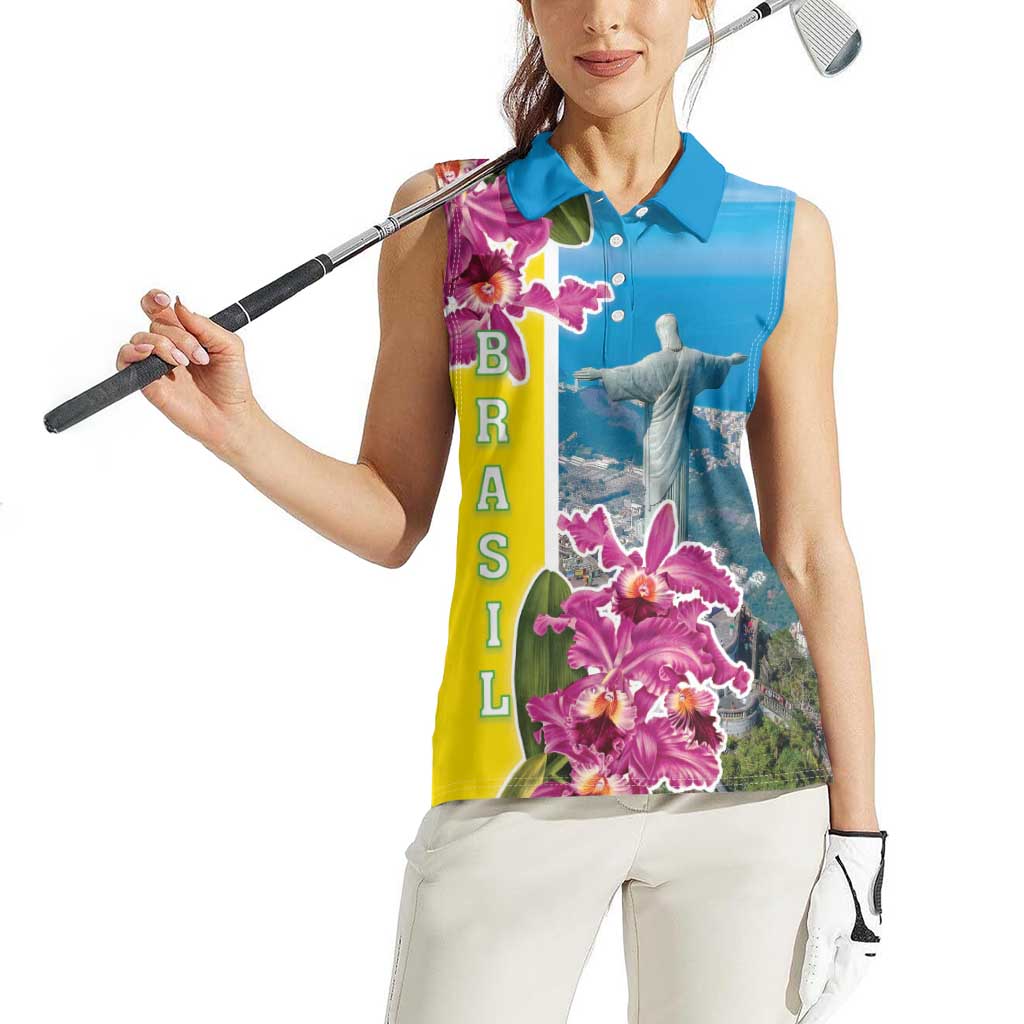 Brazil Cattleya Labiata Women Sleeveless Polo Shirt Christ The Redeemer And Flag Color Style - Wonder Print Shop