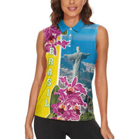 Brazil Cattleya Labiata Women Sleeveless Polo Shirt Christ The Redeemer And Flag Color Style - Wonder Print Shop