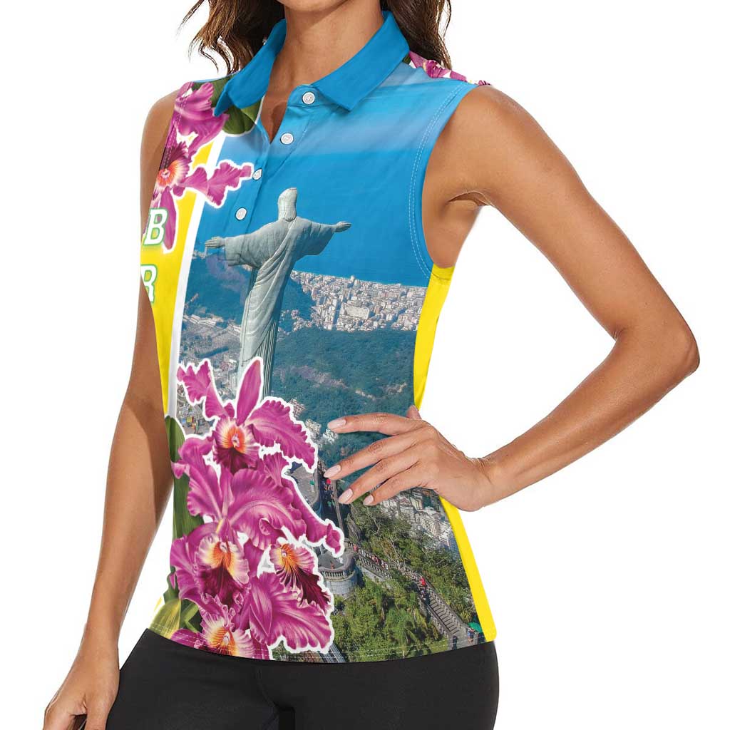 Brazil Cattleya Labiata Women Sleeveless Polo Shirt Christ The Redeemer And Flag Color Style - Wonder Print Shop