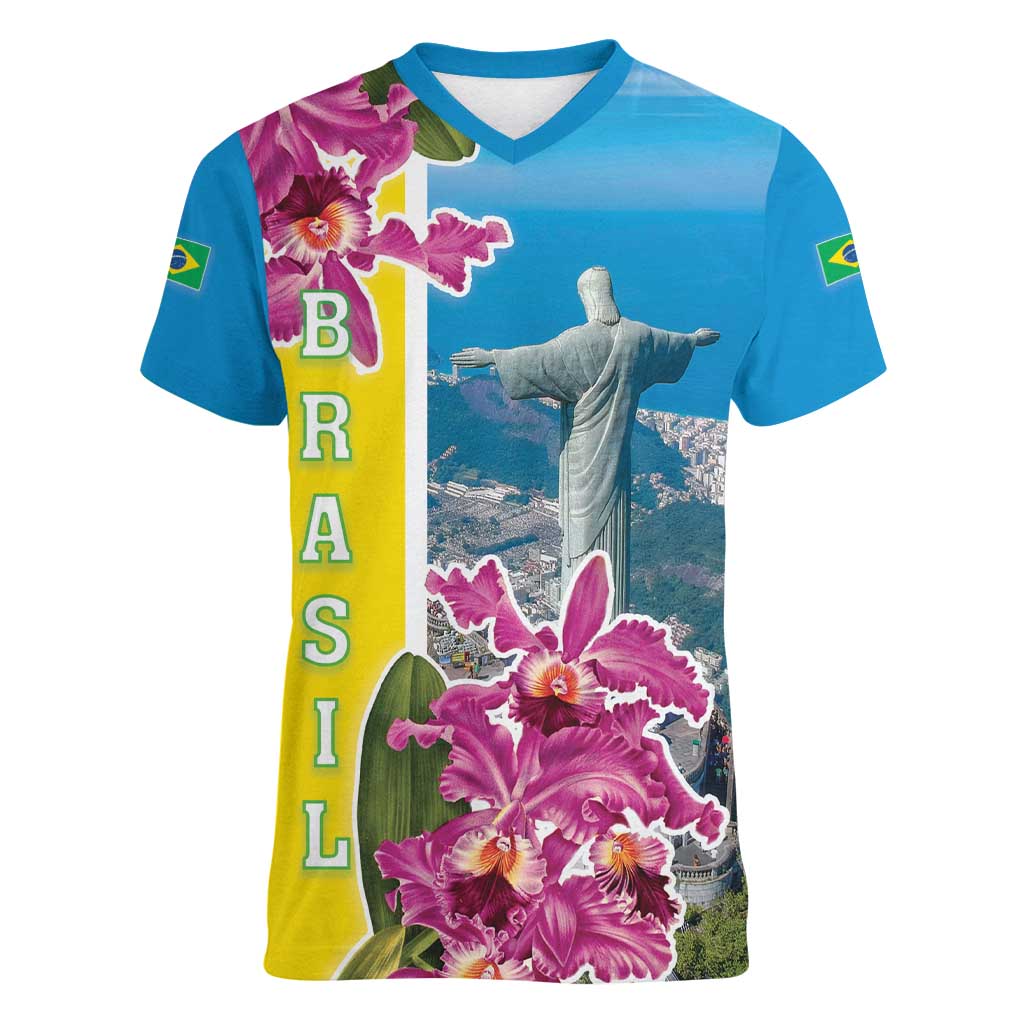 Brazil Cattleya Labiata Women V-Neck T-Shirt Christ The Redeemer And Flag Color Style - Wonder Print Shop