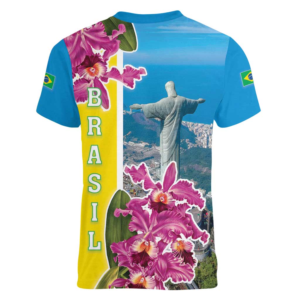 Brazil Cattleya Labiata Women V-Neck T-Shirt Christ The Redeemer And Flag Color Style - Wonder Print Shop