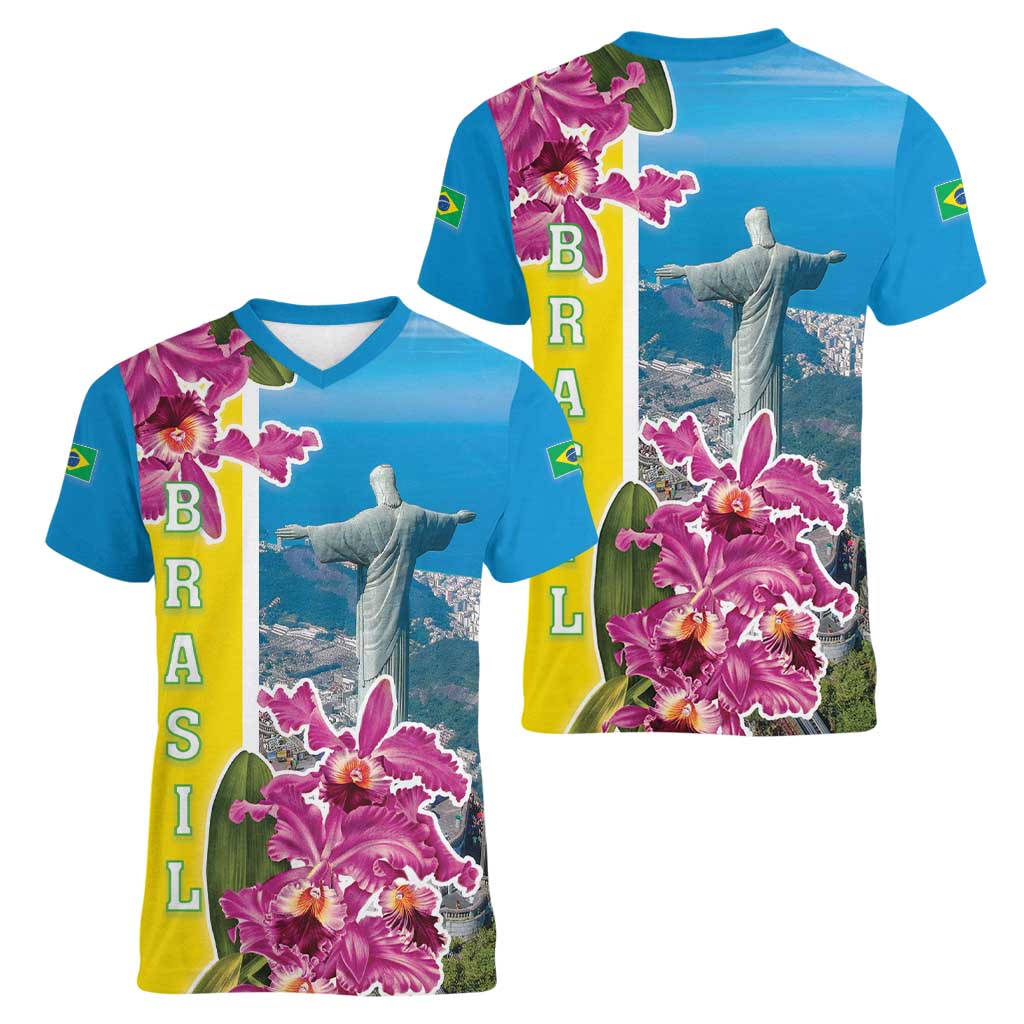 Brazil Cattleya Labiata Women V-Neck T-Shirt Christ The Redeemer And Flag Color Style - Wonder Print Shop