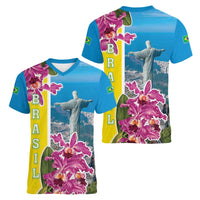 Brazil Cattleya Labiata Women V-Neck T-Shirt Christ The Redeemer And Flag Color Style - Wonder Print Shop