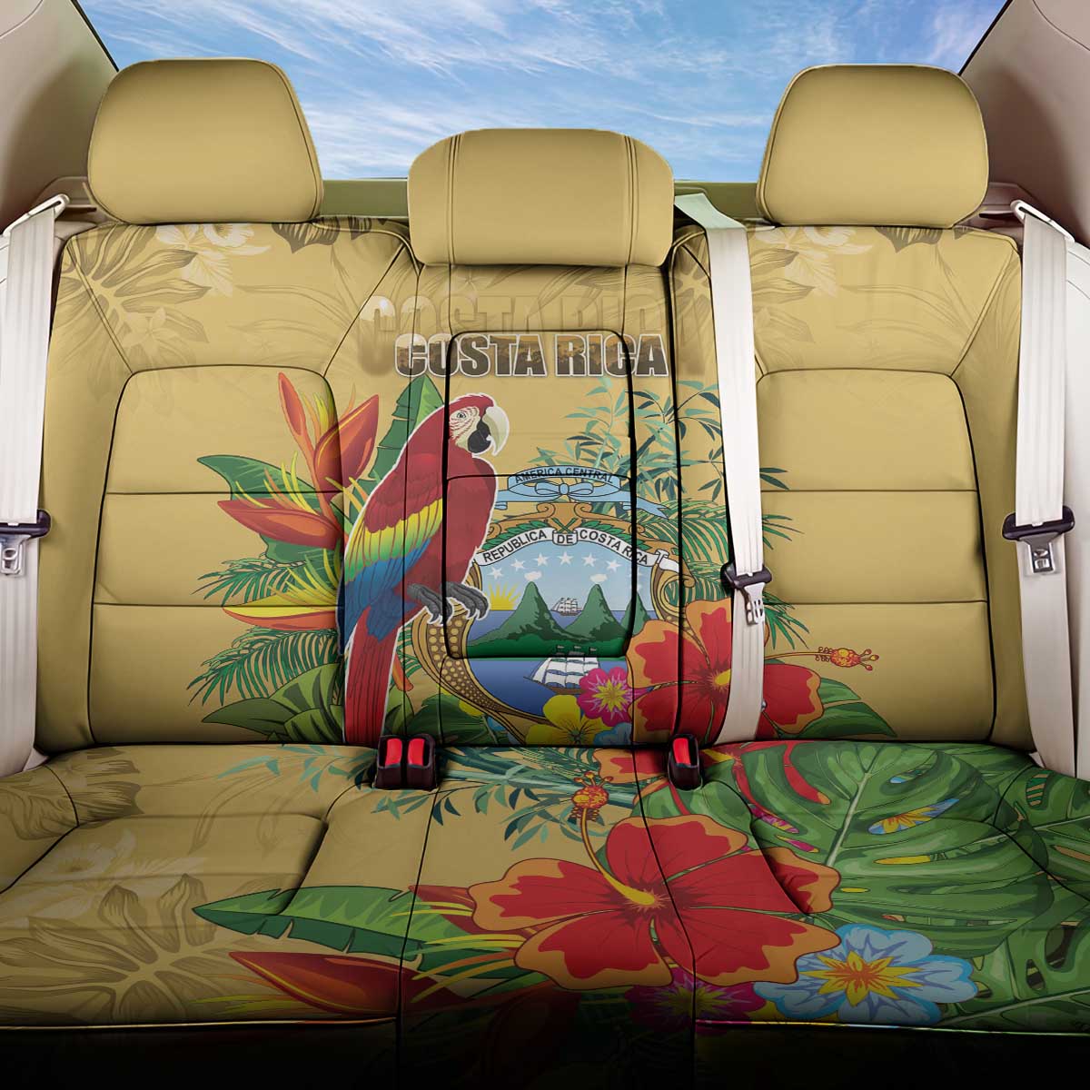 Costa Rica Independence Day Back Car Seat Cover Scarlet Macaw Parrot Tropical Flowers - Wonder Print Shop