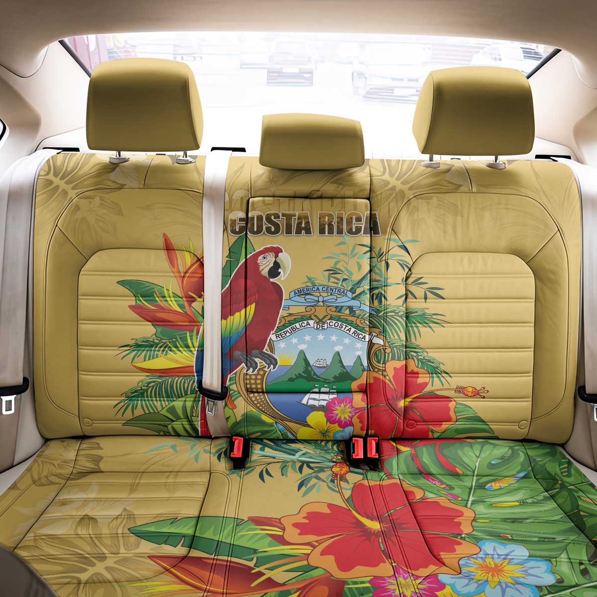 Costa Rica Independence Day Back Car Seat Cover Scarlet Macaw Parrot Tropical Flowers - Wonder Print Shop