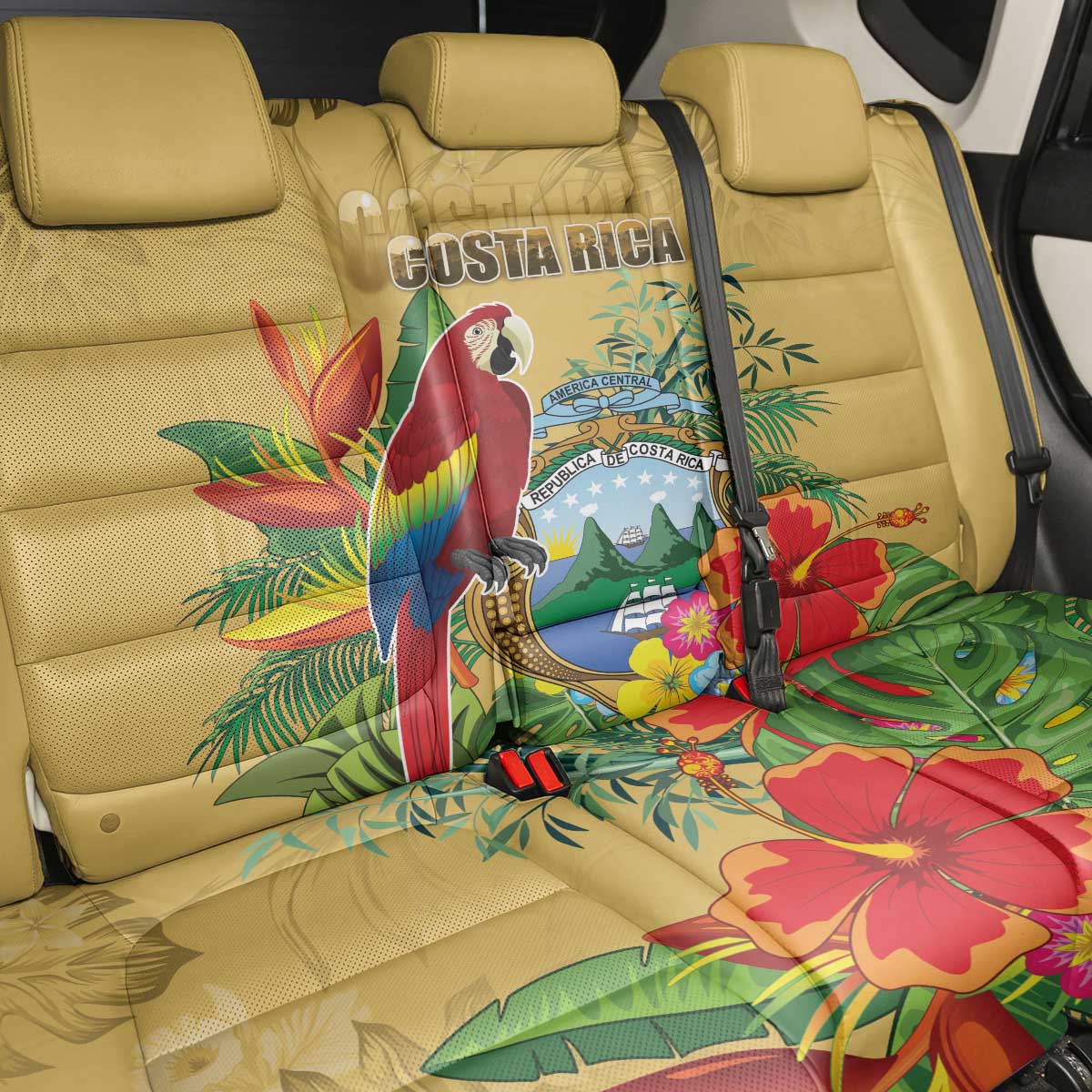 Costa Rica Independence Day Back Car Seat Cover Scarlet Macaw Parrot Tropical Flowers - Wonder Print Shop