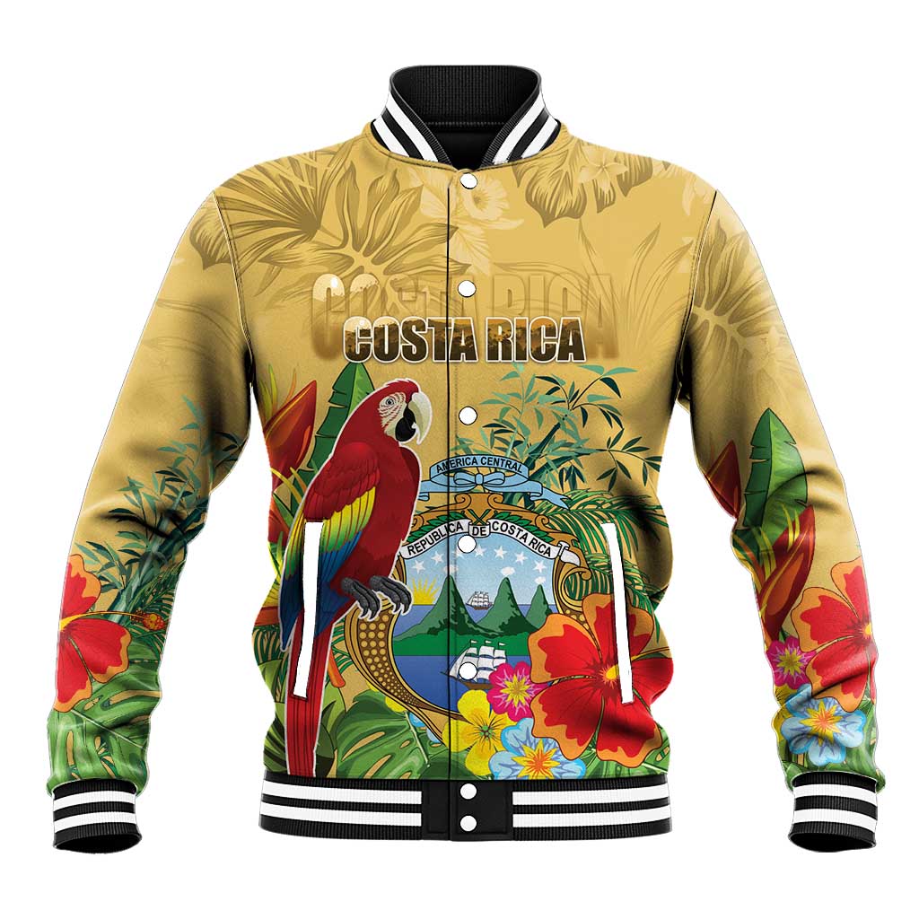 Costa Rica Independence Day Baseball Jacket Scarlet Macaw Parrot Tropical Flowers - Wonder Print Shop