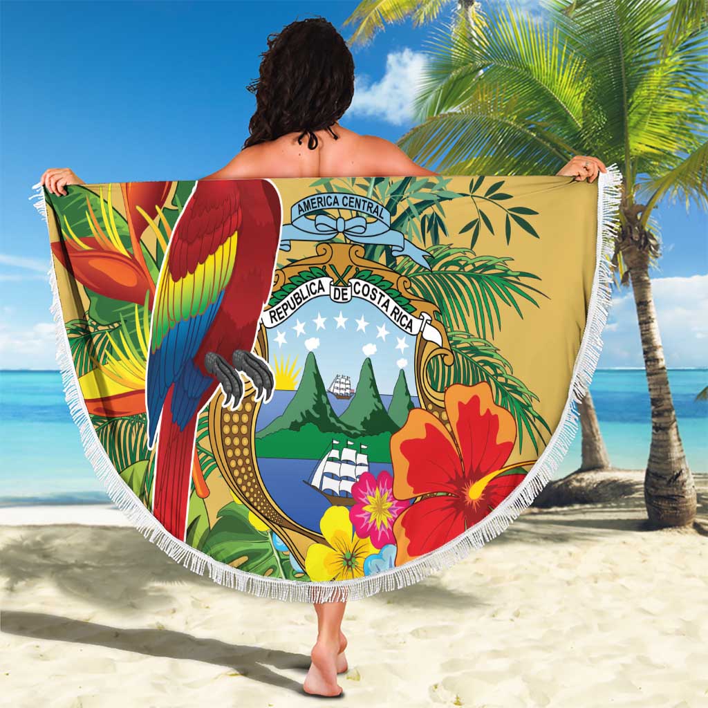 Costa Rica Independence Day Beach Blanket Scarlet Macaw Parrot Tropical Flowers - Wonder Print Shop