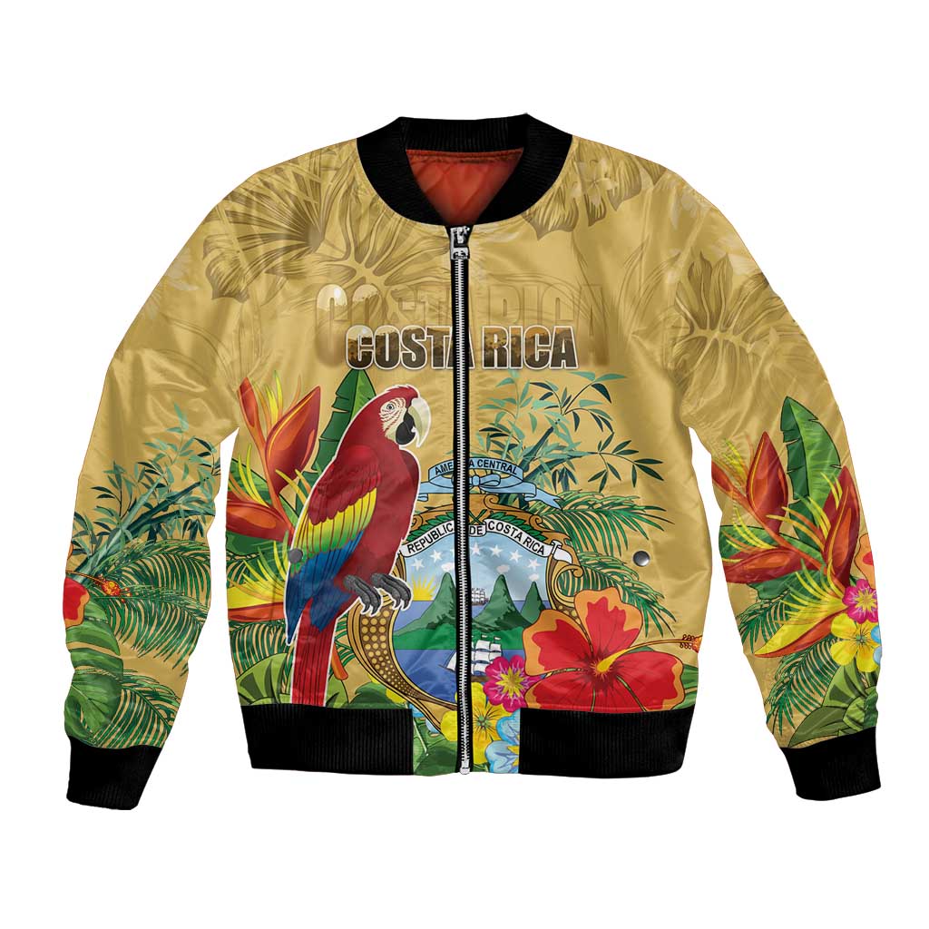 Costa Rica Independence Day Bomber Jacket Scarlet Macaw Parrot Tropical Flowers - Wonder Print Shop