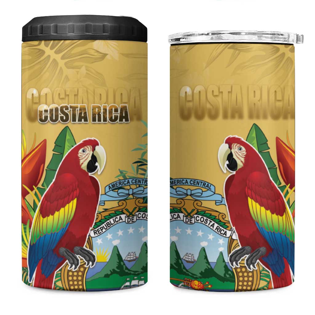 Costa Rica Independence Day 4 in 1 Can Cooler Tumbler Scarlet Macaw Parrot Tropical Flowers - Wonder Print Shop