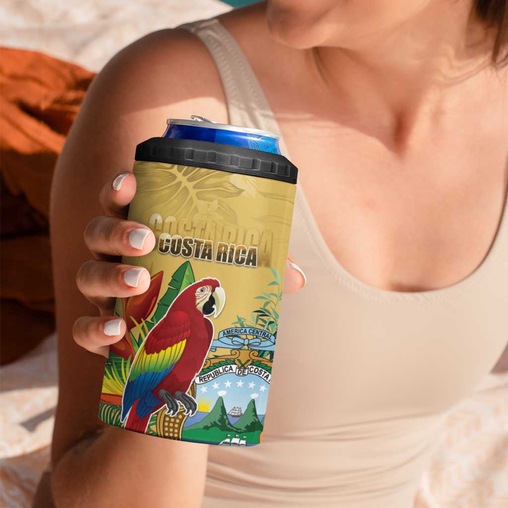 Costa Rica Independence Day 4 in 1 Can Cooler Tumbler Scarlet Macaw Parrot Tropical Flowers - Wonder Print Shop