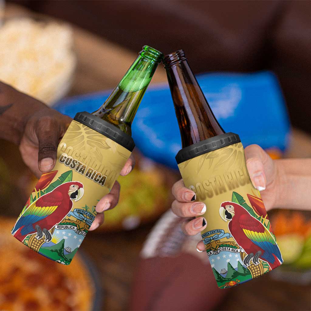 Costa Rica Independence Day 4 in 1 Can Cooler Tumbler Scarlet Macaw Parrot Tropical Flowers - Wonder Print Shop