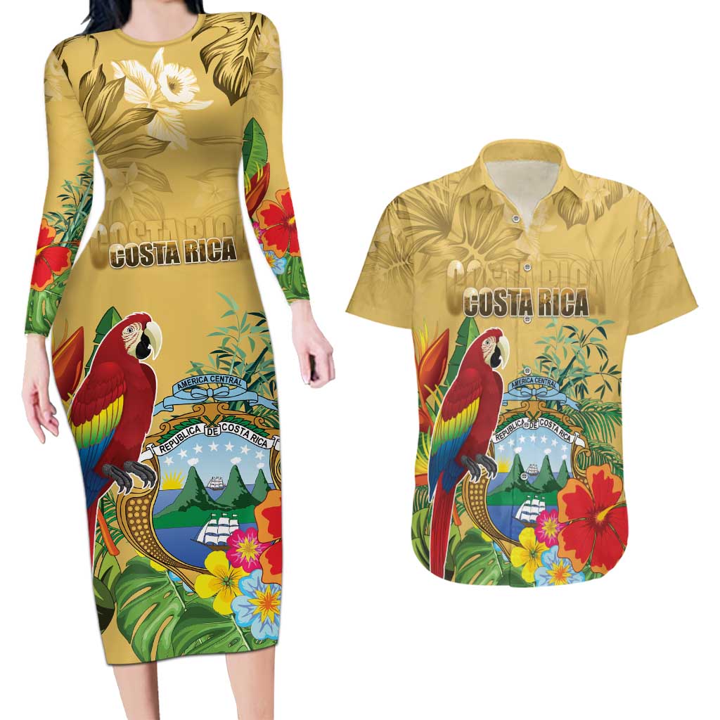 Costa Rica Independence Day Couples Matching Long Sleeve Bodycon Dress and Hawaiian Shirt Scarlet Macaw Parrot Tropical Flowers - Wonder Print Shop